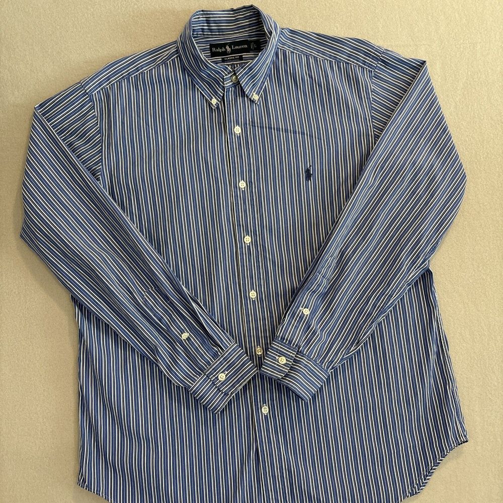 Ralph Lauren XXL BLUE/BLACK Stripe Cotton Button Down EUC Classic Fit Men Shirt